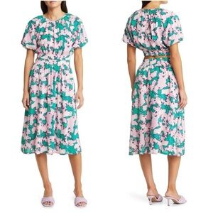 NWT - Nordstrom Chelsea 28 - Puff Sleeve Midi Dress in Green/Pink Shadows.Large